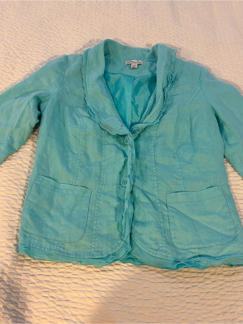 Kim Rogers Petite 100% Linen Aqua Ruffle Blazer PS